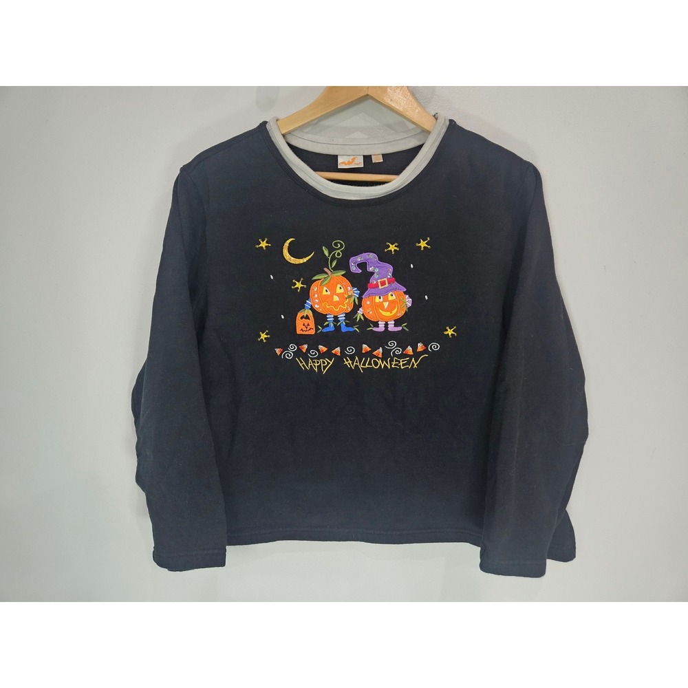 Faded Glory Womens XXL Black Halloween Pumpkin Sequin Embroidered Sweatshirt